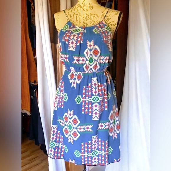 Decapolis Dresses & Skirts - Baby Blue Mini Sundress Aztec Print Spaghetti Strap, Small EUC by Decapolis